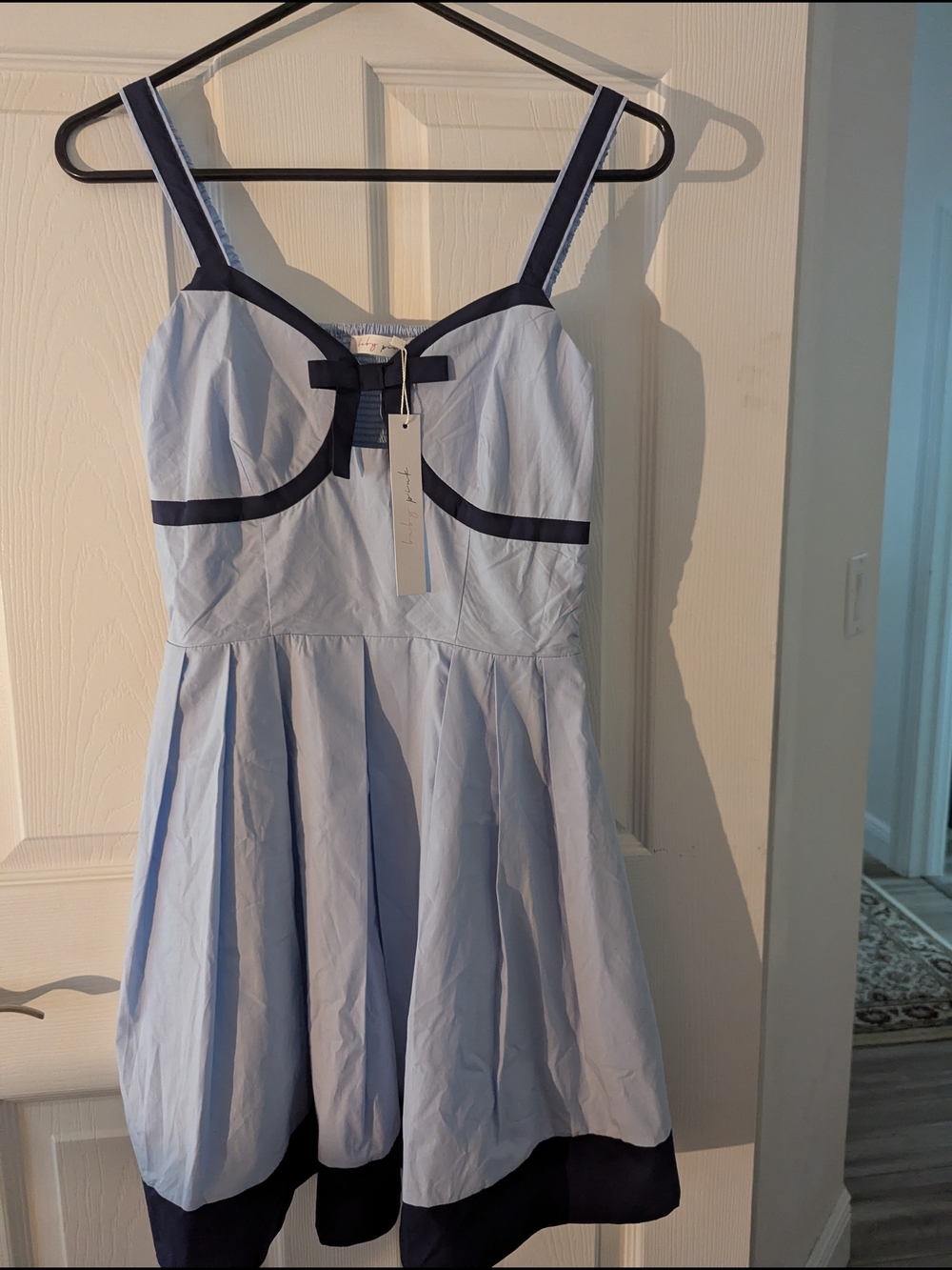 Light Blue Mini Dress with Navy Trim - Sleeveless Bow Detail